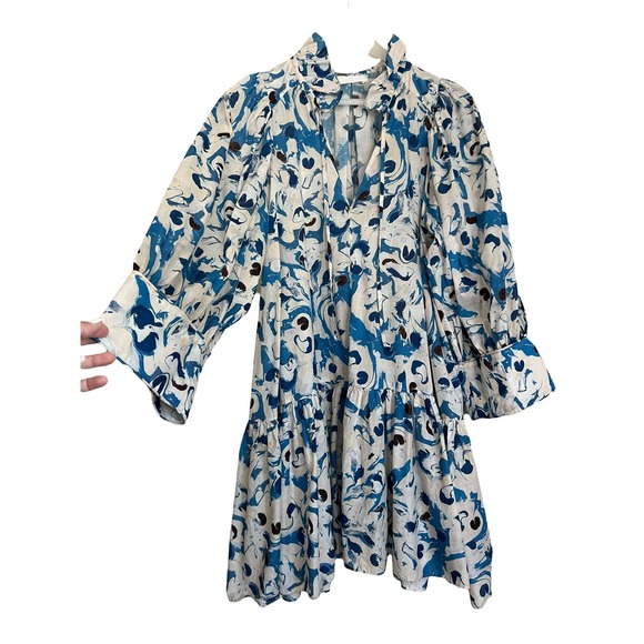 H&M Conscious Smock Dress with Puffed Sleeves Blue Watercolor Size Small - Picture 8 of 16